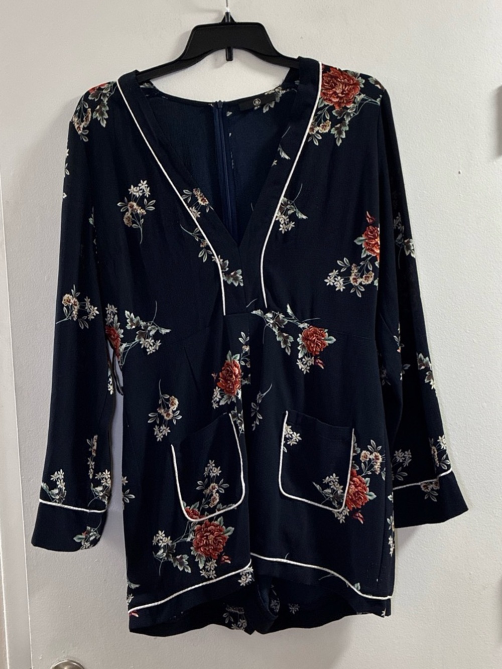 Missguided‎ Black Floral Shorts Romper with White Piping